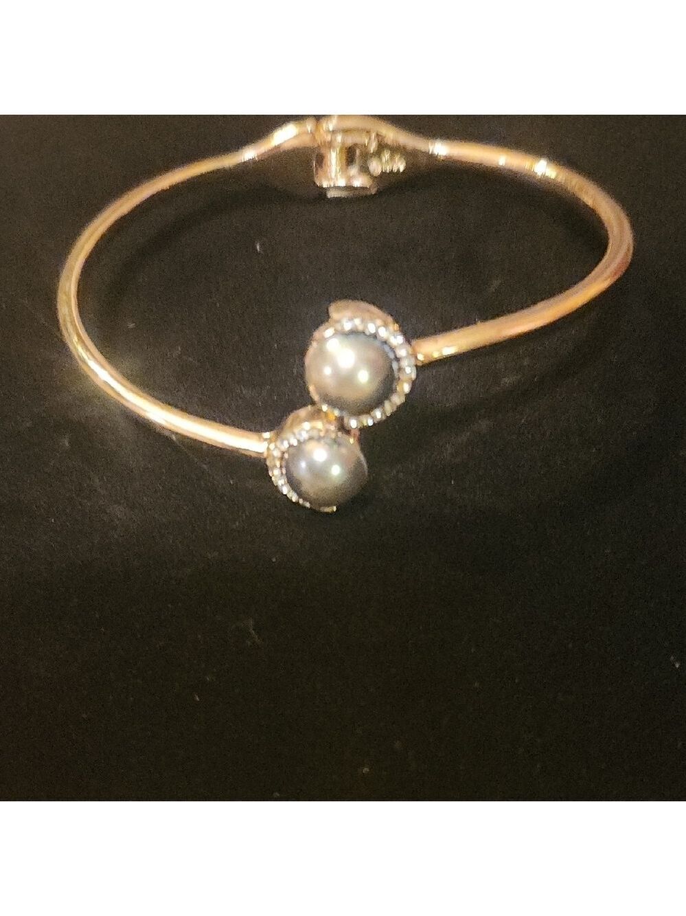 Sophisticated Gold Plate and Grey Pearl Bangle Bracelet W Rhinestone Accent